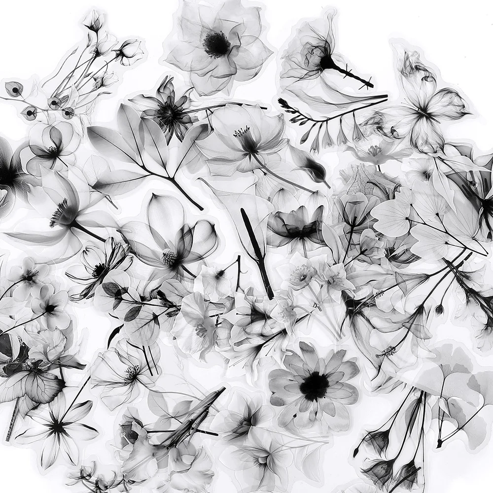 50 Uds. De pegatinas de PET impermeables de flores naturales en blanco y negro, estética para álbum de recortes DIY, funda de teléfono, decoraciones artísticas de plantas para coche