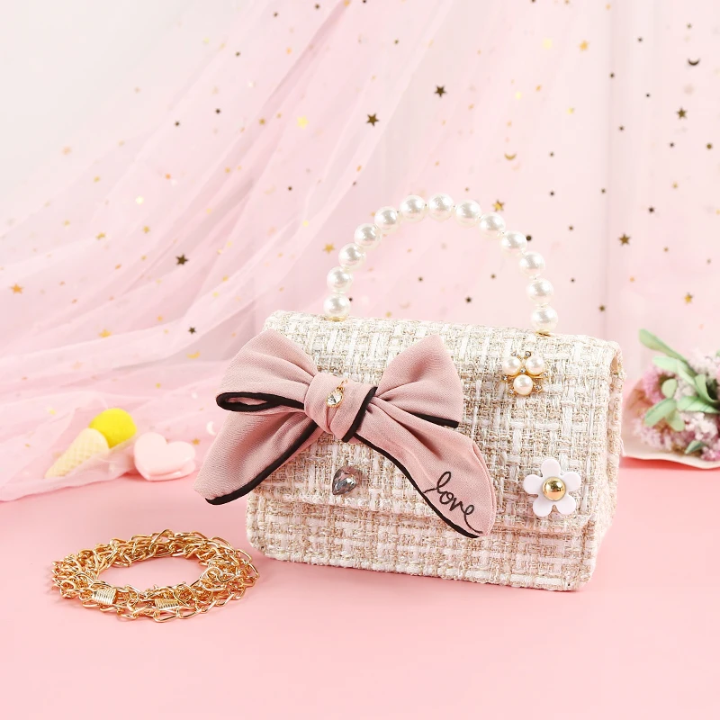 Best Seller In Brazil Handbag Kwaii Diamond Kids Bags Water Brop Big Bow Hand-held Pearl Diagonal Party Purse Gift Children Bag