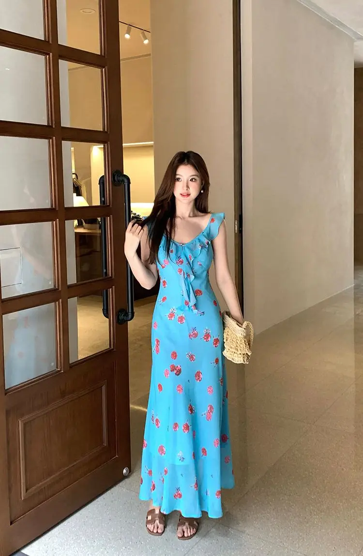 Vestidos sem mangas das mulheres alternativa primavera seda pura perspectiva transparente ditsy em camadas piquenique fluindo pastoral natureza y2k