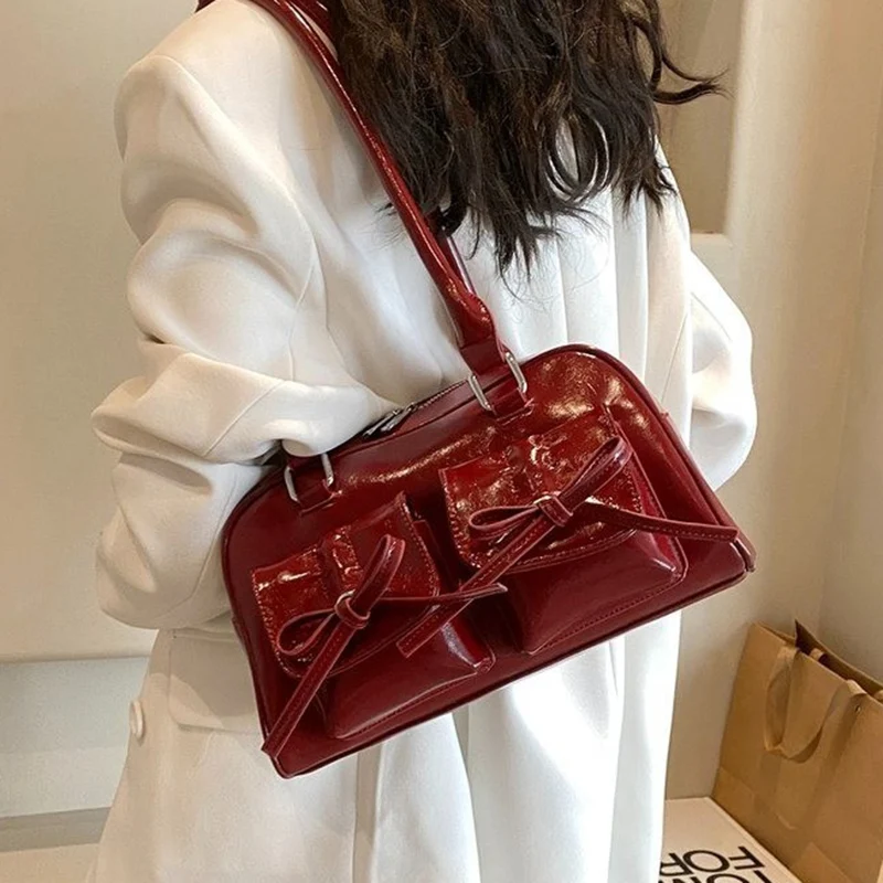 

Double Pocket Cute Bow Tie Design Underarm Bags for Women 2024 Y2K Korean Fashion Handbags and Purses Pu Leather Shoulder Bag