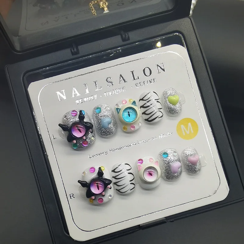

10Pcs original Handmade cute Monsters cat eye press on nails Dopamine style unique Flexibility fake nails exquisite false nails