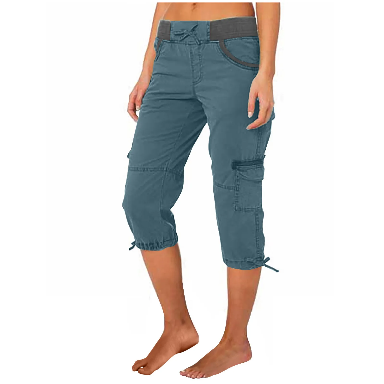 2026 Women's Summer Casual High Waist Drawstring Pocket Workwear Pants Solid Loose Wide Leg Extendable Cuffs 7-inch Pants Female