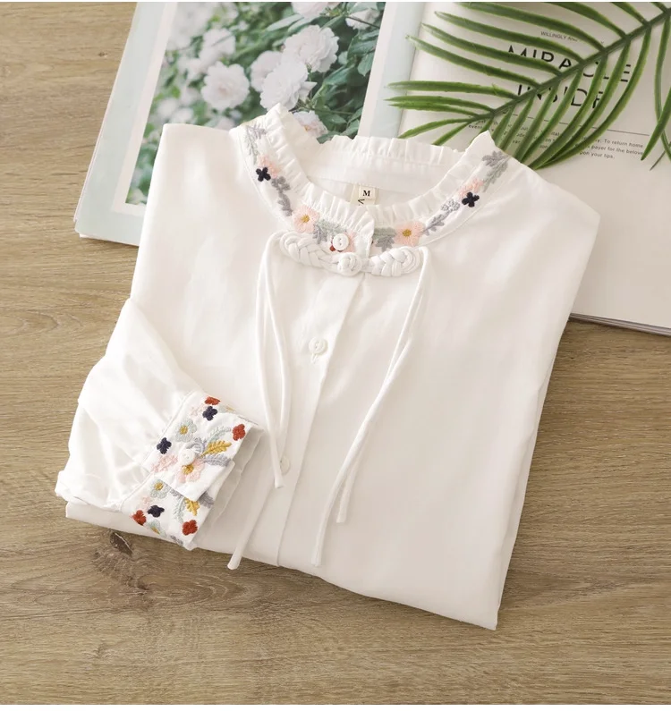 가을 여성 의류 우아한 화이트 셔츠 만다린 칼라 자수 긴팔 셔츠 여성용 면 블라우스 여성 상의 여성 의류