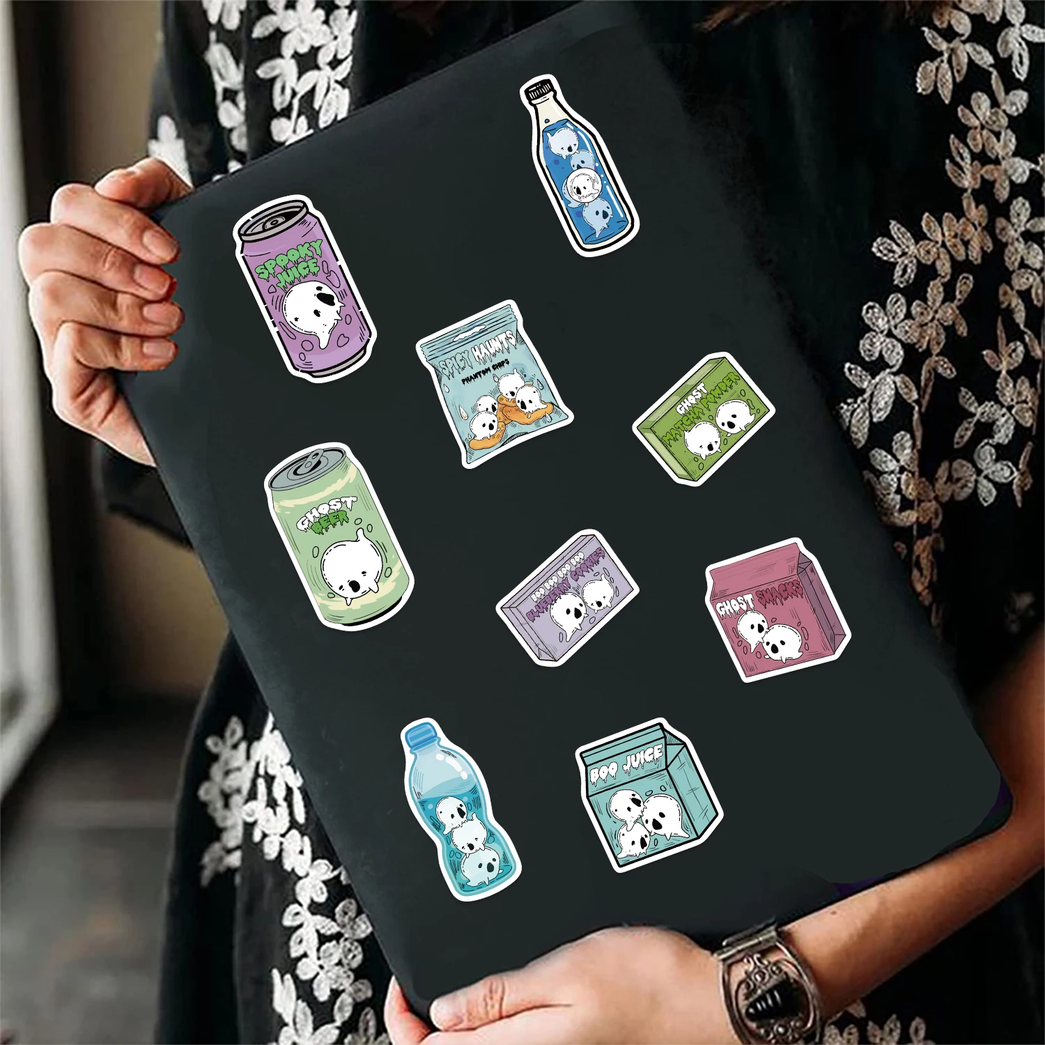 50 قطعة ملصقات شبح ممتعة للهالوين الرجعية شبح الغذاء ملصقات صناعة يدوية سجل القصاصات الأمتعة المتنقلة التزلج ملصقات PVC مقاومة للماء