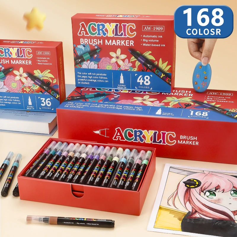 

12-168 Colors Acrylic Paint Markers, Soft Brush Tip Paint Pens for Wood,Stone,Canvas,Glass,Fabric,Egg,Rock Painting DIY Crafts