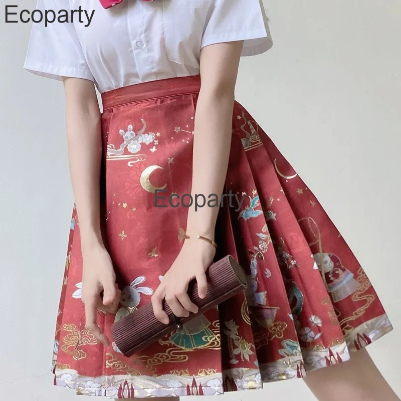 New Chinese Hanfu Costume Women Deluxe Printed Improved High Waist A-Line Jk Skirt Girls Lovely Chinese Style Pleated Mini Skirt