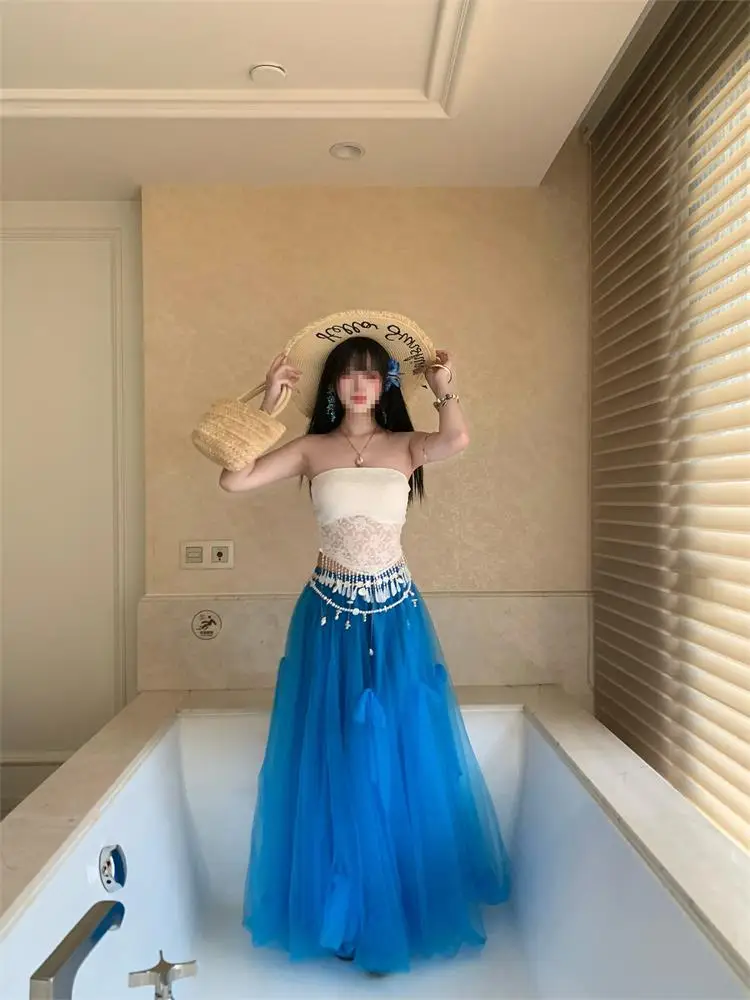 Travel Vacation Lace Frill Half Skirt Women's Klein Blue Large Swing Net Gown High Waist A-Line Skirt Casual  Knot