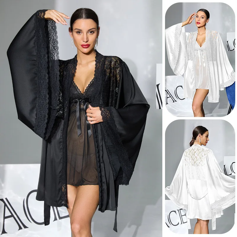 

Сексуальный кружевной комплект для сна: женский халат и ночная сорочка из сетки, 2 предмета, мягкий дышащий кружевной комплект женского белья