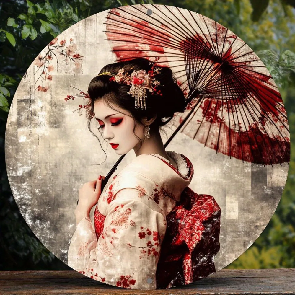 Japanese Geisha Floral Umbrella Metal Wall Art, 8x8 Inch Round Iron Sign for Home Office Café, Japanese Culture Gift
