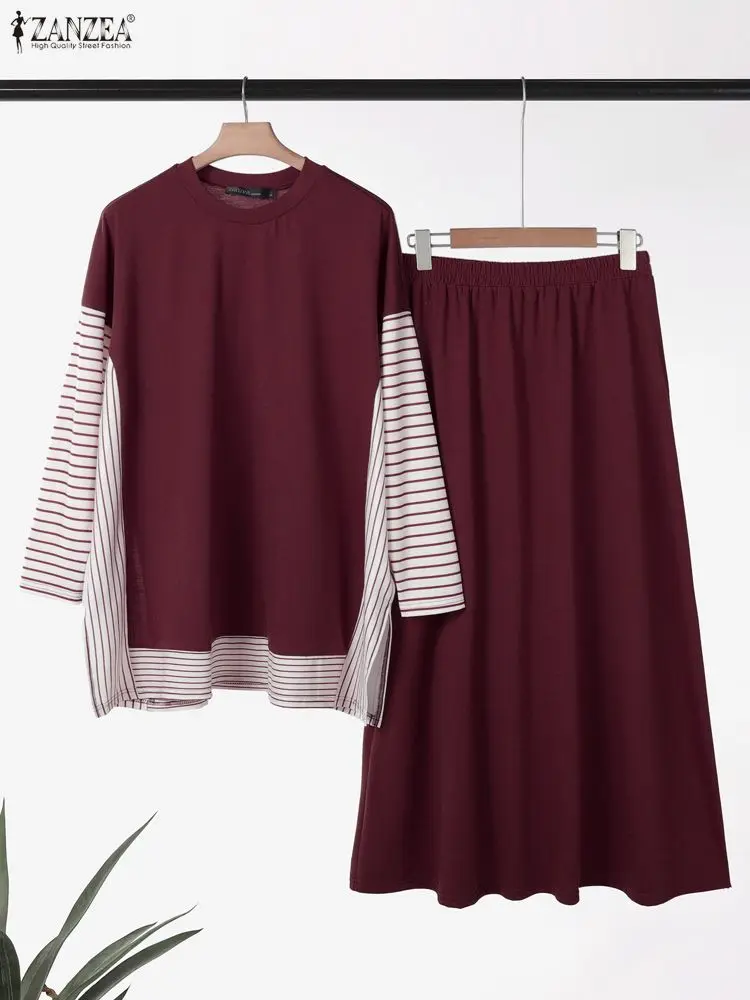 ชุดเซ็ตเสื้อแขนยาวและกระโปรงถักไหมพรมลายปะติดปะต่อ ZANZEA คอลเลคชั่นฤดูใบไม้ร่วง 2025 ชุดเข้าเซ็ตแฟชั่นสำหรับผู้หญิงมุสลิม ชุดสองชิ้นสำหรับฤดูหนาว