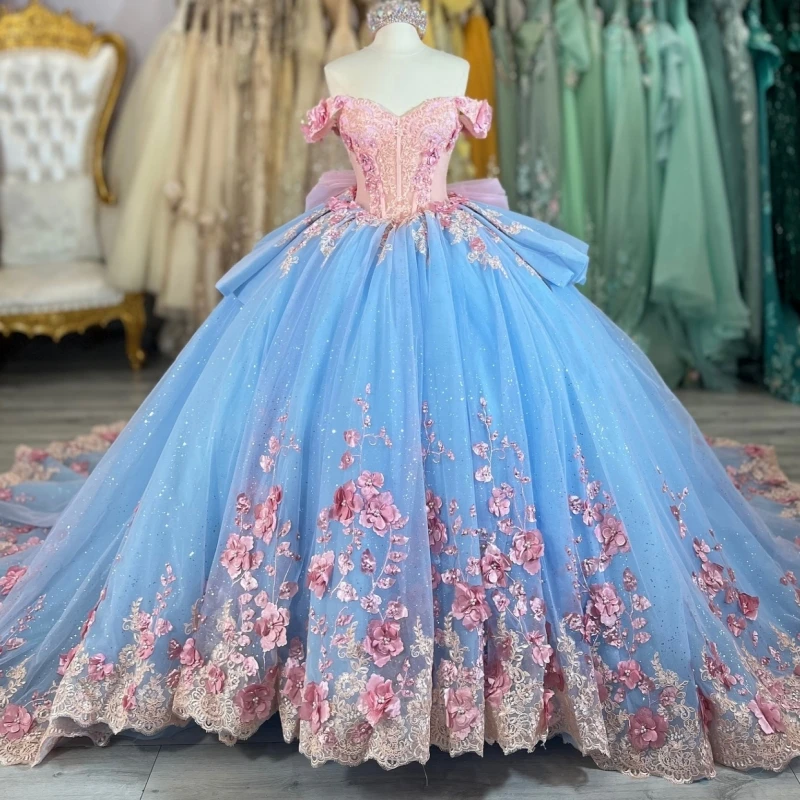 

Sky Blue Shiny Quinceanera Dresses Ball Gown Off The Shoulder Applique Flower Beading Crystal Bow Tull Party Birthday Sweet 16