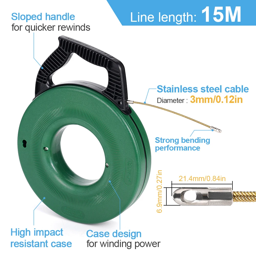 3MM 15M Fiberglass Fish Tape Cable Puller Wire Threading Lead Conduit Pipe Wire Pulling Tool household Wiring Installation