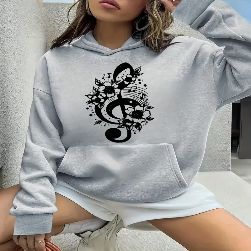 

Женская толстовка с рисунком музыкальной ноты с цветочным принтом и передним карманом с капюшоном, осенне-зимний сезон, повседневный пуловер, толстовка для любителей музыки
