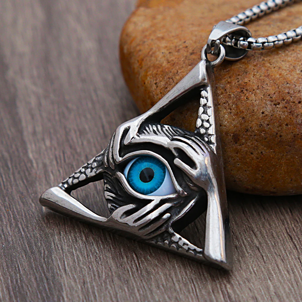 Retro Unique Evil Eye Pendant for Men Punk Hip Hop Stainless Steel Triangle Necklace Personality Fashion Jewelry Gift Wholesale