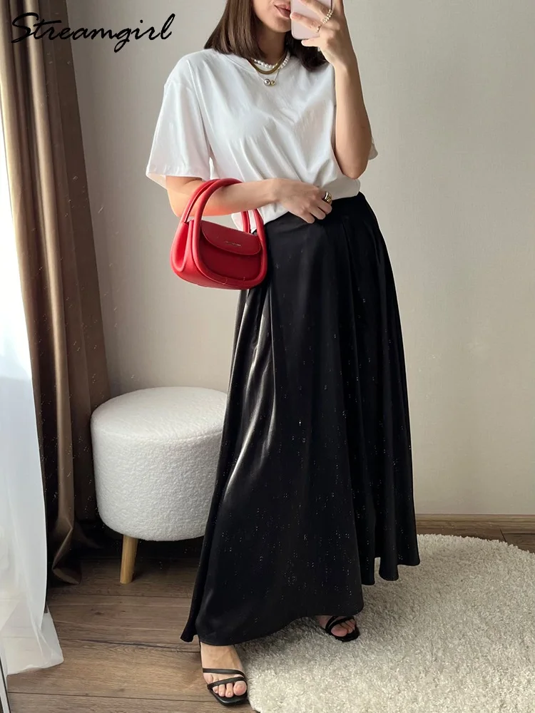 Streamgirl Black Long Satin Skirts For Women 2024 Summer Maxi Elegant Beige A Line Imitation Silk Skirt High Waist Women Skirts