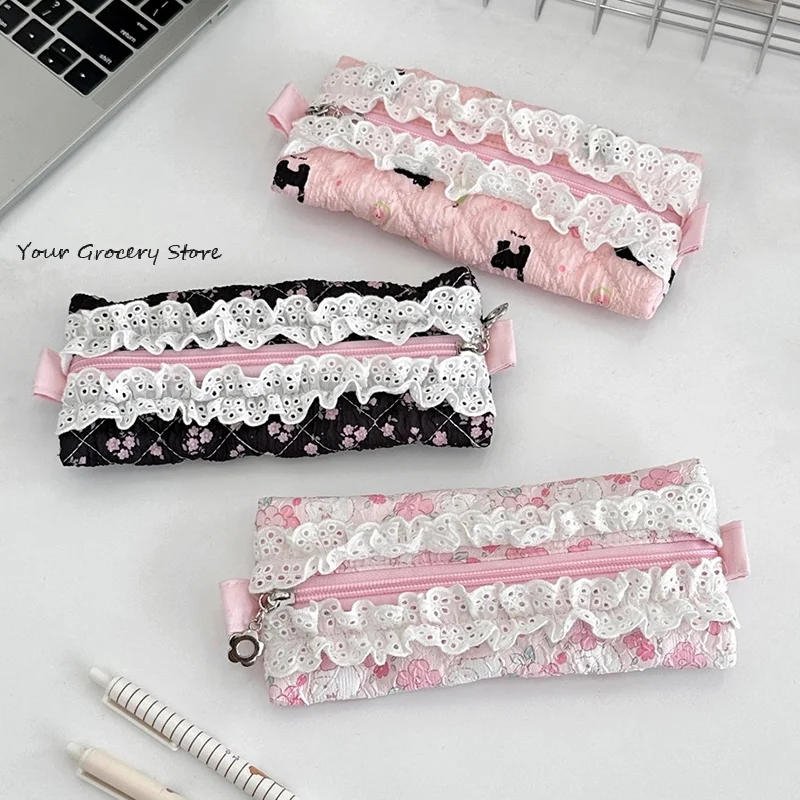 

Lace Floral Pencil Case Ins Style Mini Makeup Bag Sundry Change Storage Bag Large Capacity Stationery Organizer Pen Bag