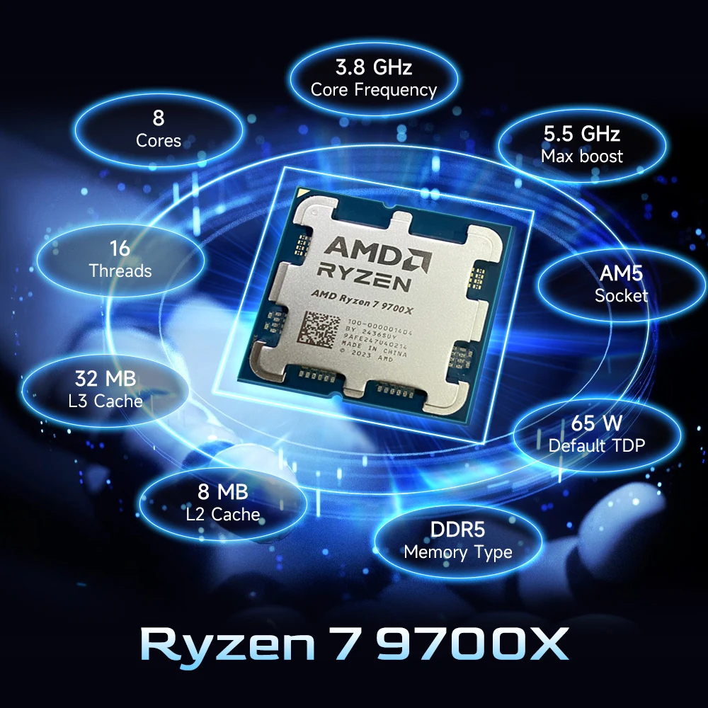معالج AMD Ryzen 7 9700X 8-Core 16-Thread 4NM L3=32M جديد 3.8 جيجا هرتز 65 وات DDR5 مقبس AM5 R7 9700X ولكن بدون مروحة