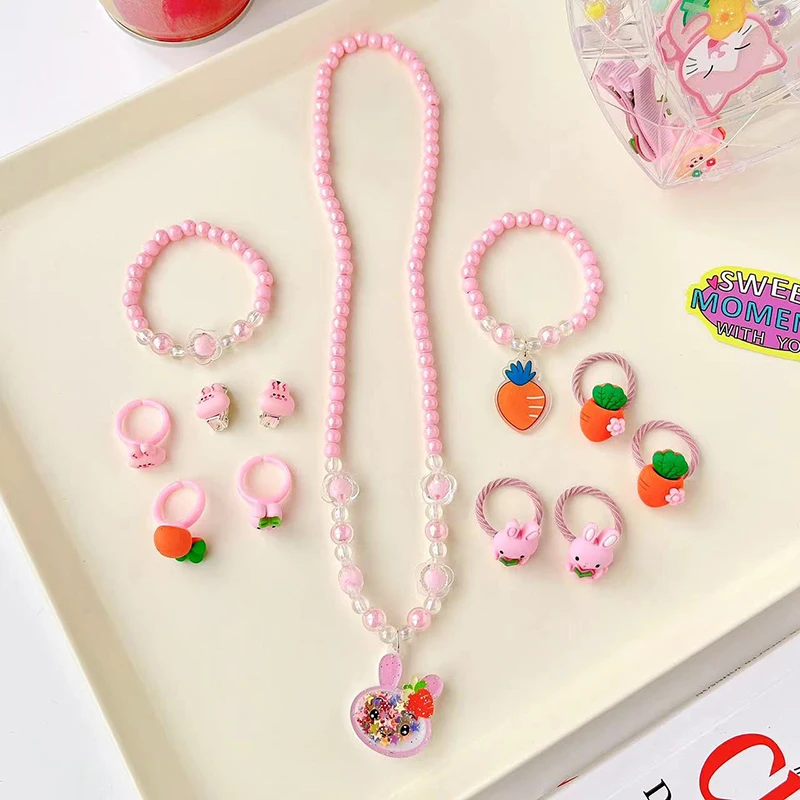 12 Pcs/Set Baby Girl Cute Cartoon Jewelry Imitation Pearl Princess Necklace Bracelet Ring Earring Jewelry Set Gift Box Children