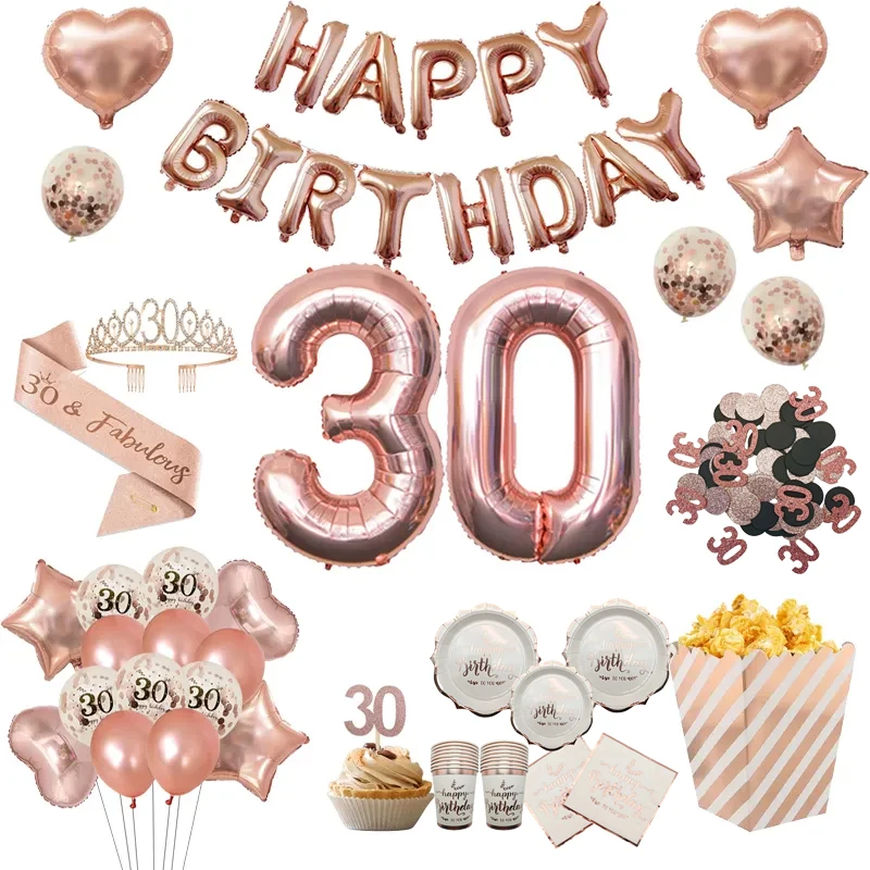 

30 Year Old Men And Women Happy Birthday Articles Balloon Banner Disposable Tableware 30th Anniversary Party Decor Supplies