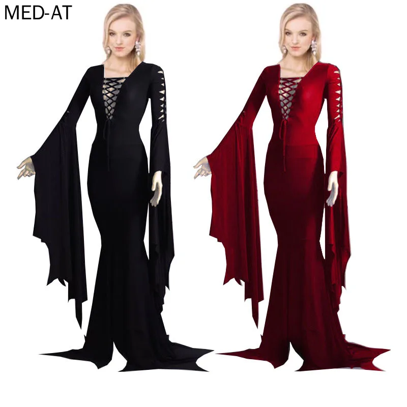 Medieval Vampire Witch Dress Morticia Addams Cosplay Costume Deep V Neck Lace Up Gown Halloween Ghost Costume S-5XL Hollow Out