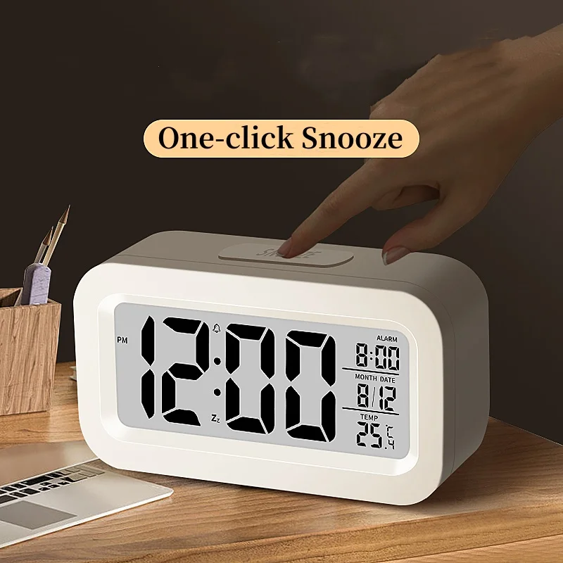 Mini Digital Alarm Clock Temperature Date Battery Powered Snooze Table Clock 12/24H Mute Bedside Electronic LCD Clock