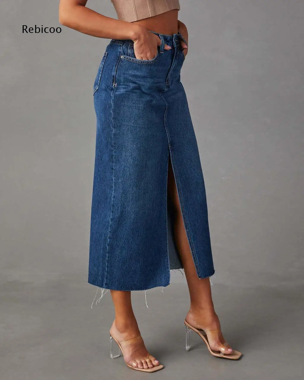High Waist Straight Denim Midi Skirt For Women Front Slit Raw Frayed Hem For City Outings And Weekend Casual Social Activities