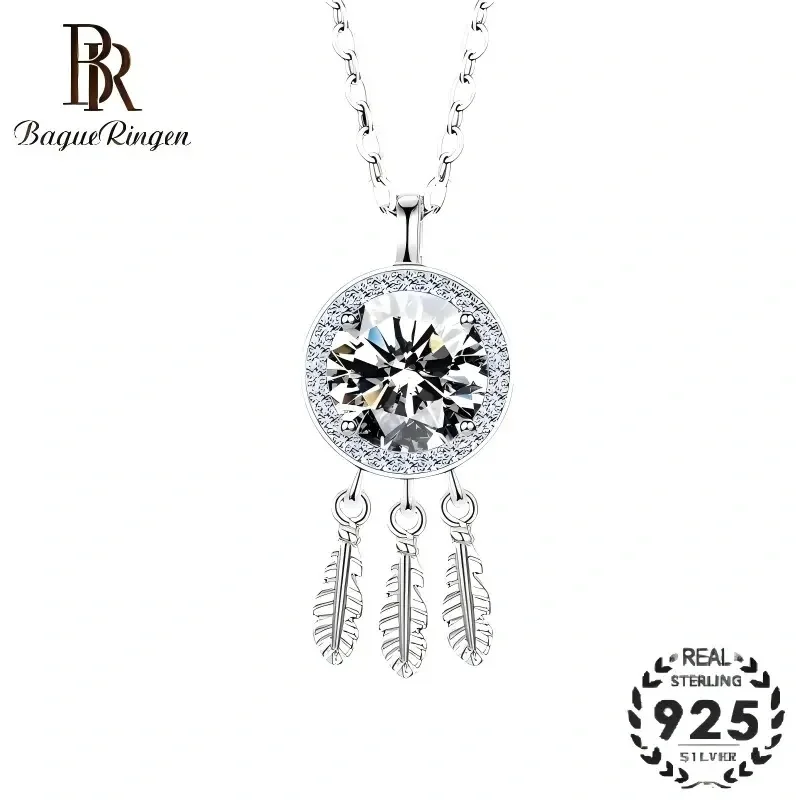 BR S925 Silver Dreamcatcher Necklace, 1ct Moissanite with Feather Tassel, Versatile Elegant Boho Light Luxury Gift for Women