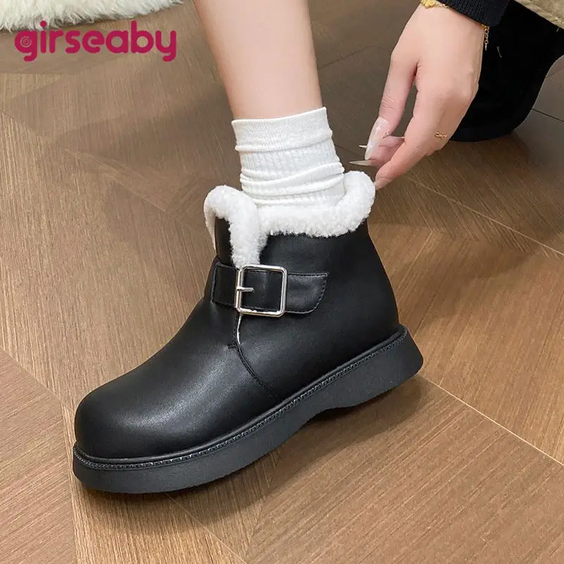 

Теплые ботильоны Girseaby для девочек в стиле ретро с круглым носком на плоской подошве без шнуровки, пряжка на ремне, плюшевая подкладка, маленький размер 31-32, уличный снежный черный цвет