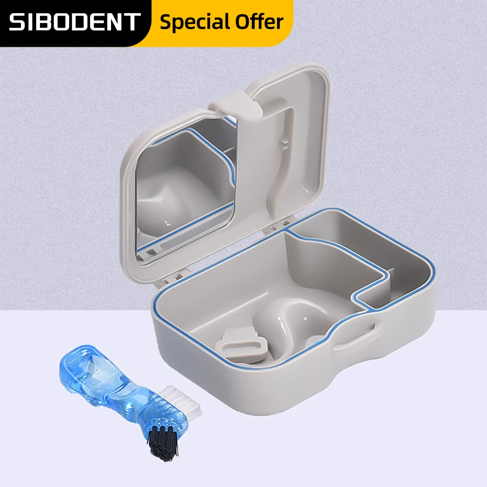 

Caja de almacenamiento para dentadura con espejo y cepillo de limpieza, caja para electrodomésticos dentales, 1 Uds