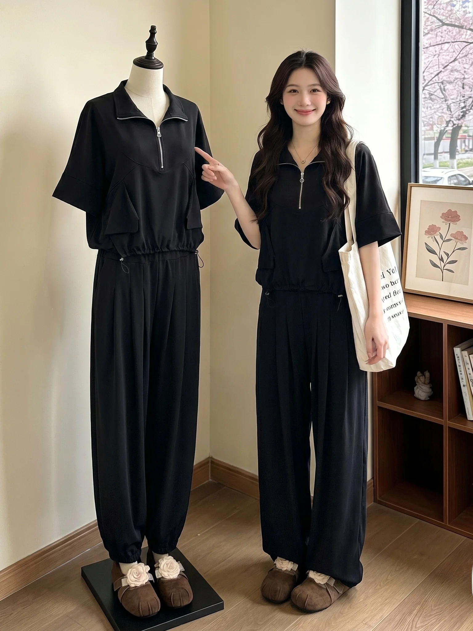 plus Size Women's Casual Fashion Two-Piece Set High Waist Long Pants Slimming Effect Summer 2026 Trendy Ensemble