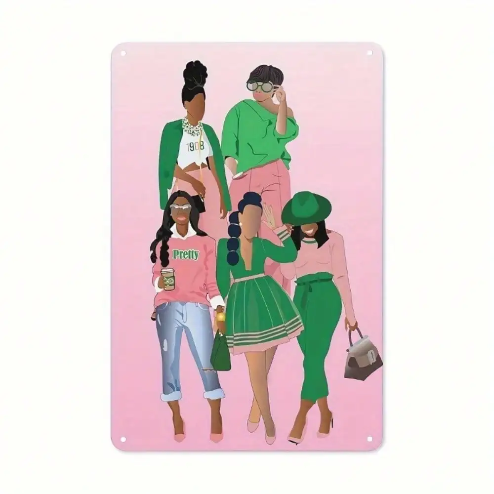 

1 шт., подарок для женского общества AKA, розовый, зеленый декор, черная девушка, художественная жестяная вывеска, настенный декор для женской комнаты, общежития, сезон «Снова в школу», осенние подарки