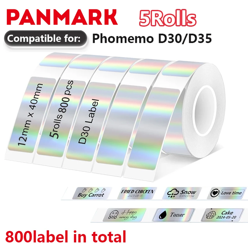 5 рулонов голографической серебряной термоэтикетки 12x40 мм, 800 этикеток, всего подходит для Phomemo D30/D35, самоклеящаяся термоэтикетка-наклейка