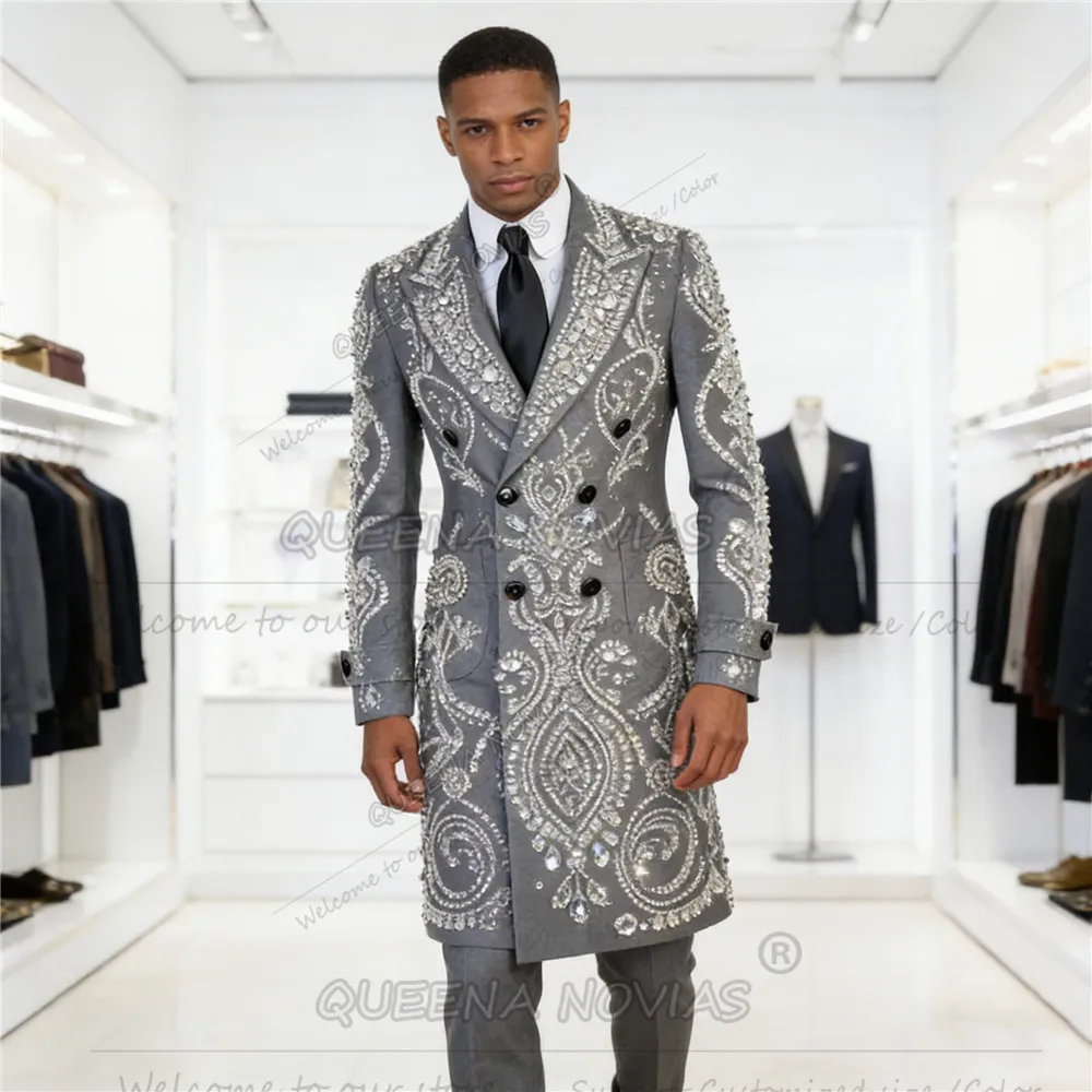 

Brilliant Jewelry Beads Mens Suit Long Groom Tuxedos Customized 2 Piece Set Costume Homme Male Outfits Dinner Party Prom Blazer