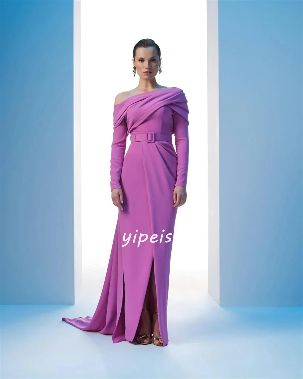 Customized Jersey Draped Sash Party A-line Off-the-shoulder Bespoke Occasion Gown Long Dresses