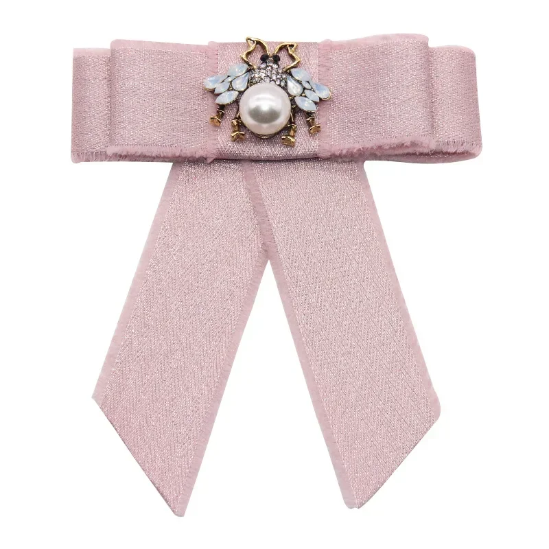 Różowa kryształowa pszczoła broszka z kokardką wstępnie wiązana krawat broszka Pin muszka w paski dla kobiet muszka weselna
