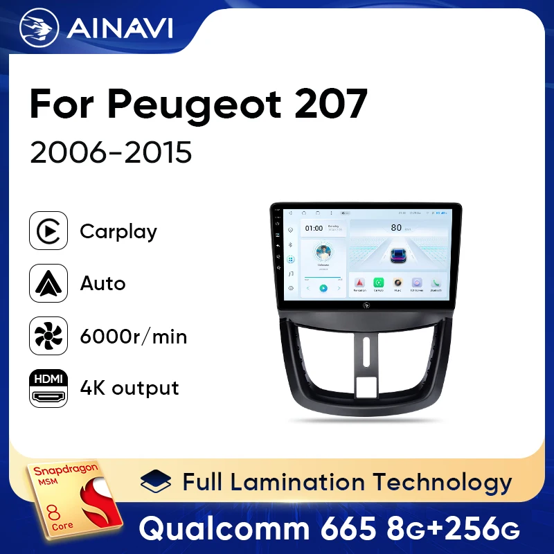 

Автомобильный радиоприемник Ainavi для Peugeot 207 207CC 2006-2015, беспроводной CarPlay, Android, авто, мультимедиа, автомобильные интеллектуальные системы, без 2din DVD