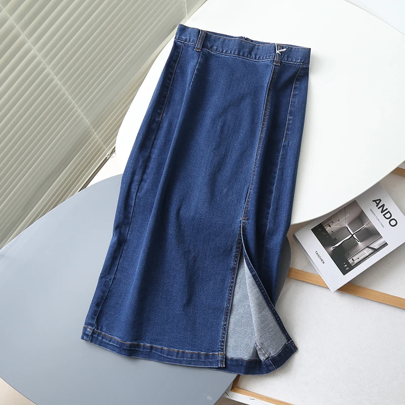 

Faionable Slimming Vintage Side Slit f-length Denim Skirt Women's High-waisted A-line Long Skirt Cotton Commute Sle