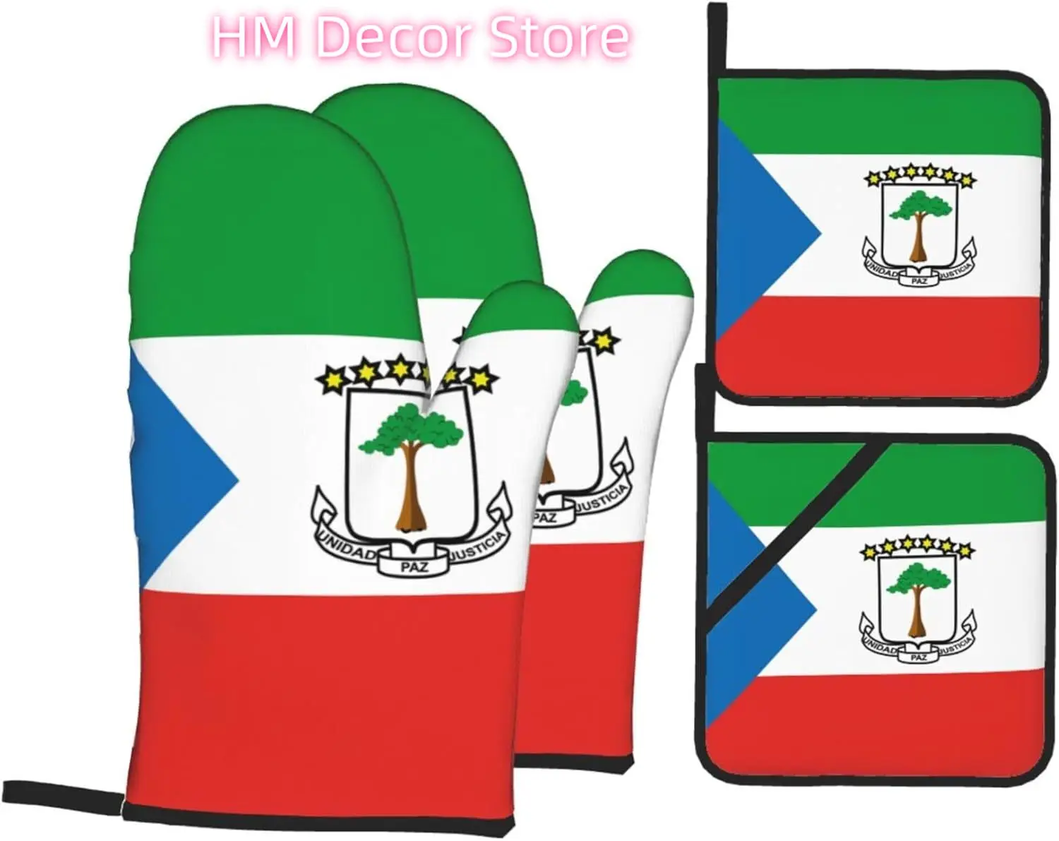 

Equatorial Guinea Flag Oven Mitts and Pot Holders Sets of 4, National Flag Heat Resistant Oven Mitts - Non-Slip Cooking Gloves f