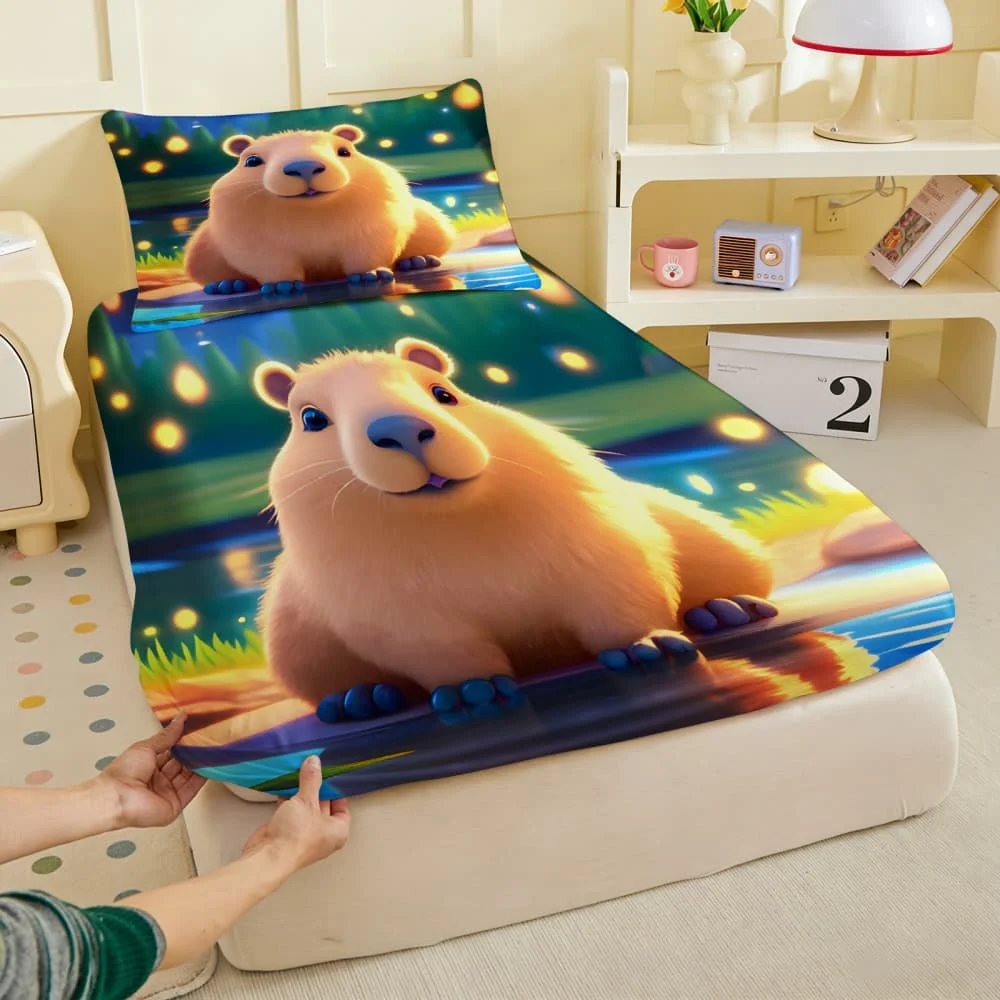 1pc Cute Capybara Firefly Night Print Fitted Sheet Deep Pocket Elastic Mattress Cover Single Double Queen King Bedroom Decor