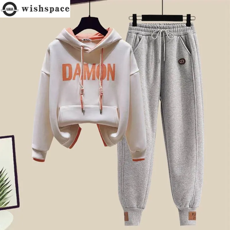 Spring and Autumn Set Women's New Fashion Age Reducing Leave Two Piece Hooded Top Casual Sports Pants Two Piece Set