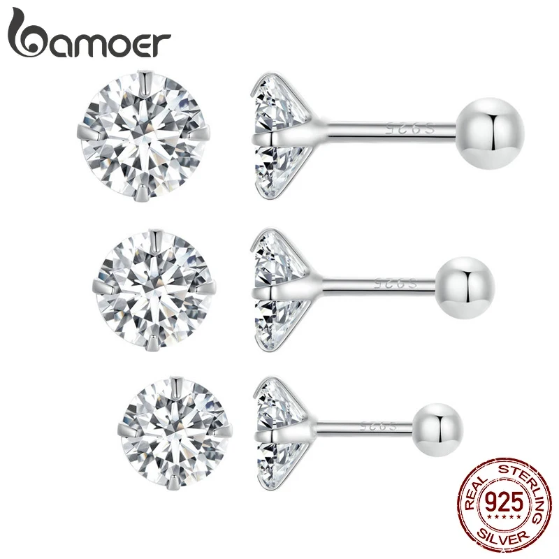 BAMOER Platinum Plated Classic CZ Stud Earrings 925 Sterling Silver Hypoallergenic Elegant Earrings Fashion Jewellry 3mm 5mm 7mm