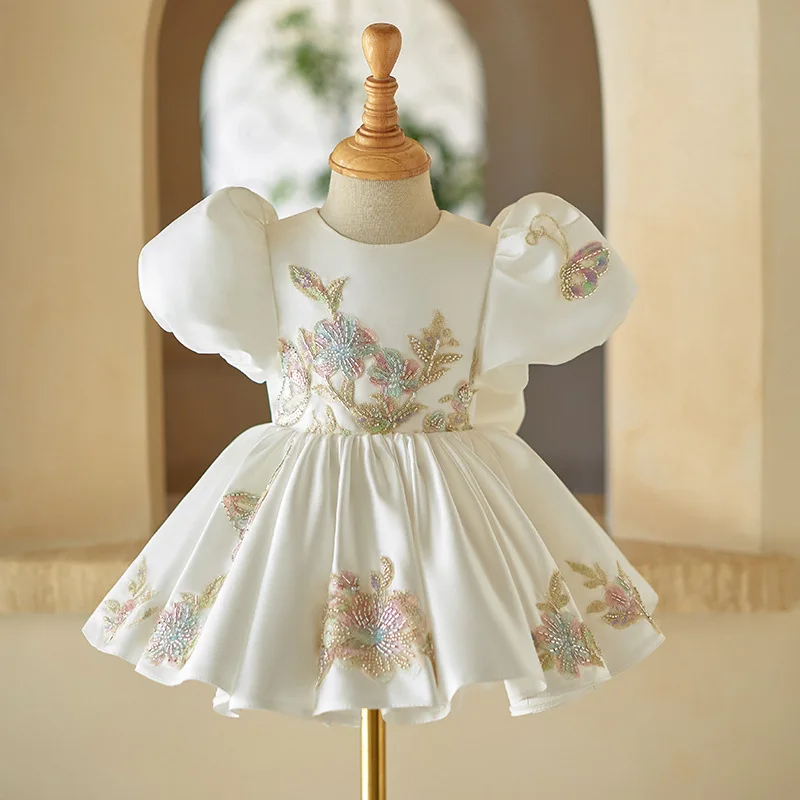 Baby Girl Birthday Party Infant Princess Dress Clothes Kids Flower Girl Wedding Host White Tutu Short Sleeve Costume Children