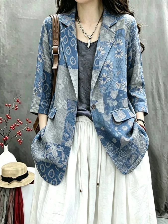 Cotton Linen Women's Summer 2026 New Style Retro Loose Casual Long Sleeve Printed West Suit Elegant Versatile Matching