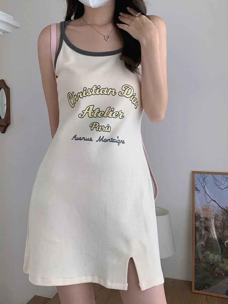 Retro college style letters halter dress female summer 2024 new sexy waist thin open fork short skirt