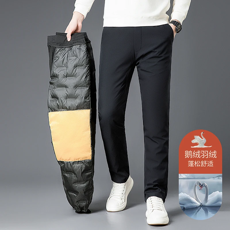 

Натуральные брюки из 90% гусиного пуха, мужские зимние термокостюмные брюки высокого качества, мужские теплые брюки на гусином пуху с эластичной резинкой на талии