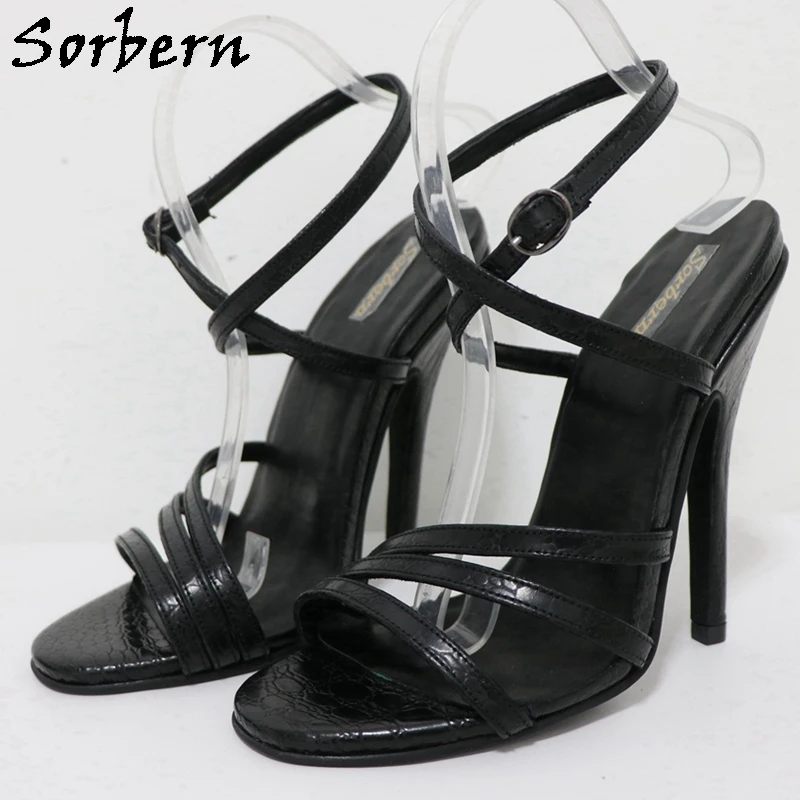 Sorbern 14Cm Black Stone Sandals Women High Heel Real Leather Stilettos Open Toe Thin Straps Sissy Boy Fetish Shoes Custom