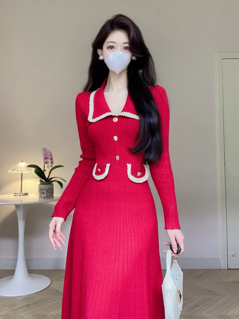 4 Colours Long Knit Dress Elegant Women 2023 Korean Chic Lapel Long-sleeved Black Dress Fall Winter Pretty OL Temperament Dress