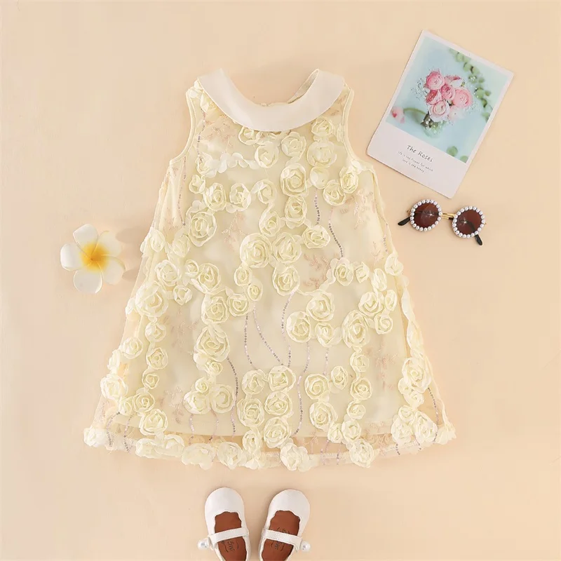 Tregren Toddler Girls Long Sleeve Princess Dress Sweet 3D Roses Sleeveless A-Line Dress Kids Casual Party Dresses