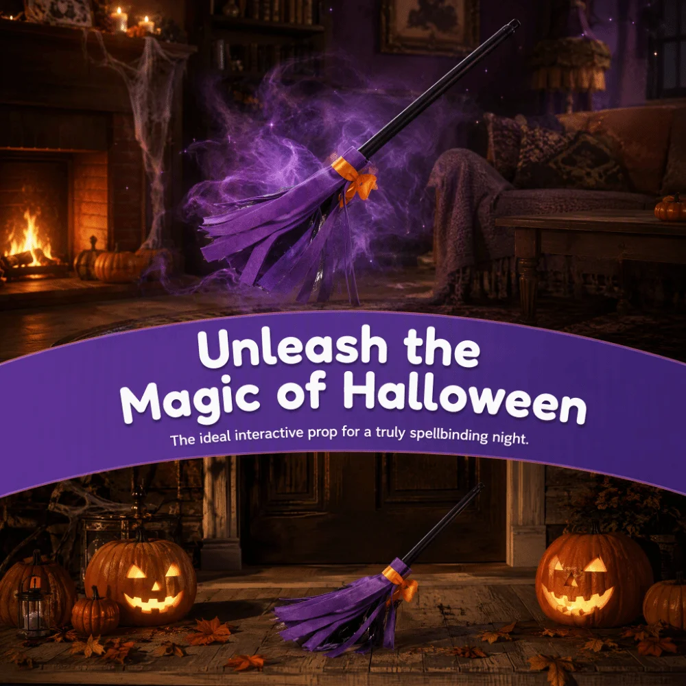 Sound Activated Halloween Witch Broom Electric Rotating Plastic Witch Broomstick Floating Broomstick Moving Broomstick