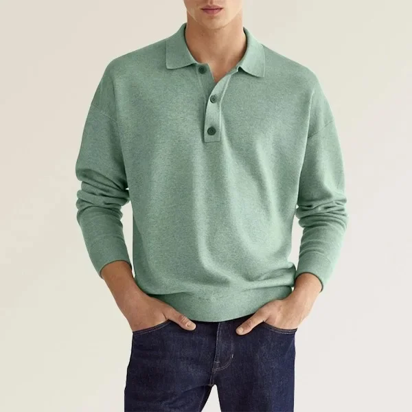 Herren-Poloshirt mit Reverskragen und Knopfleiste, Langarm, Strick, locker sitzend, einfarbig, lässig, für den Alltag, Pendler-Pullover – Detail 4